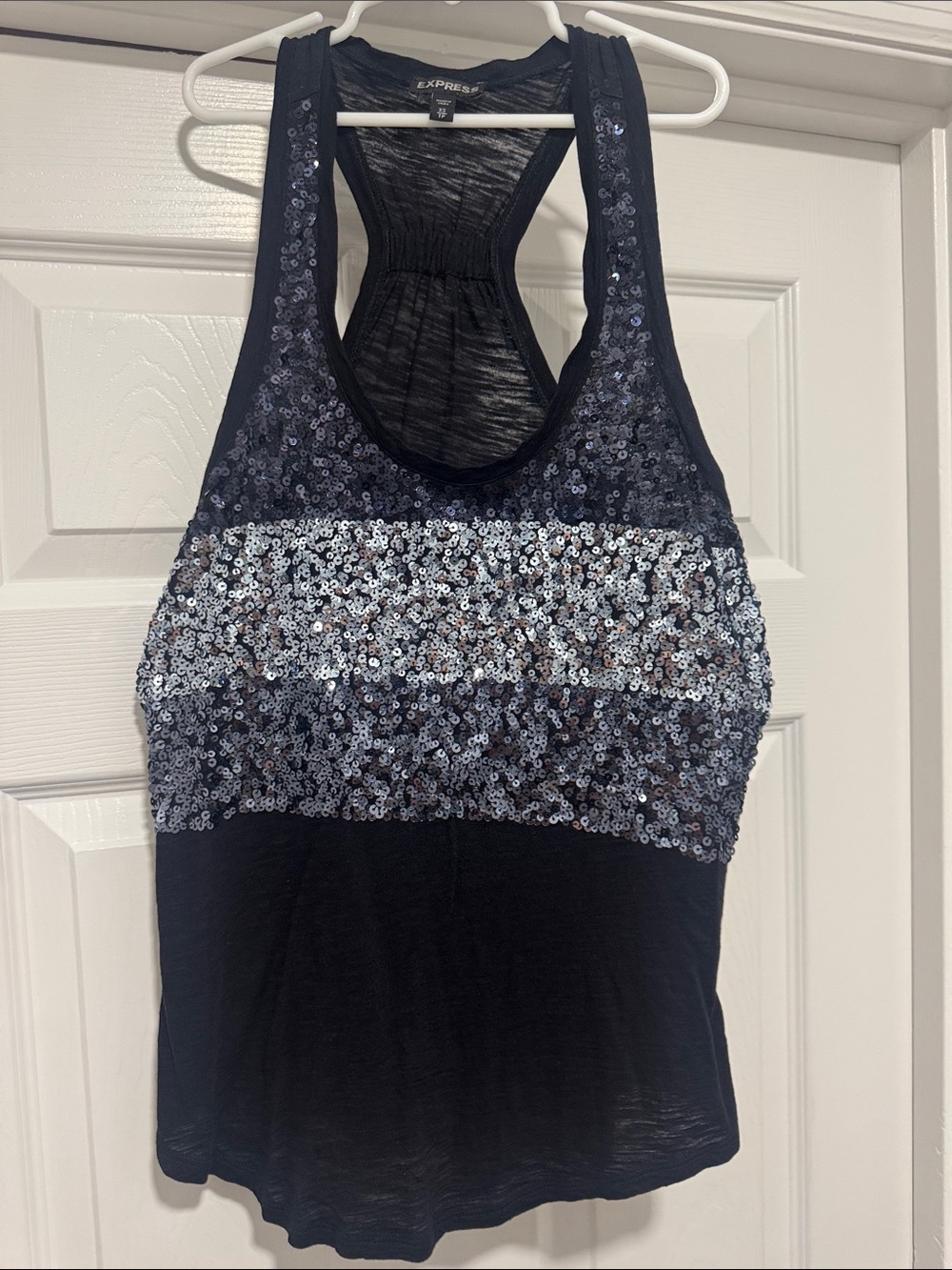 Express Navy Tank Top with Silver Sequin Stripes